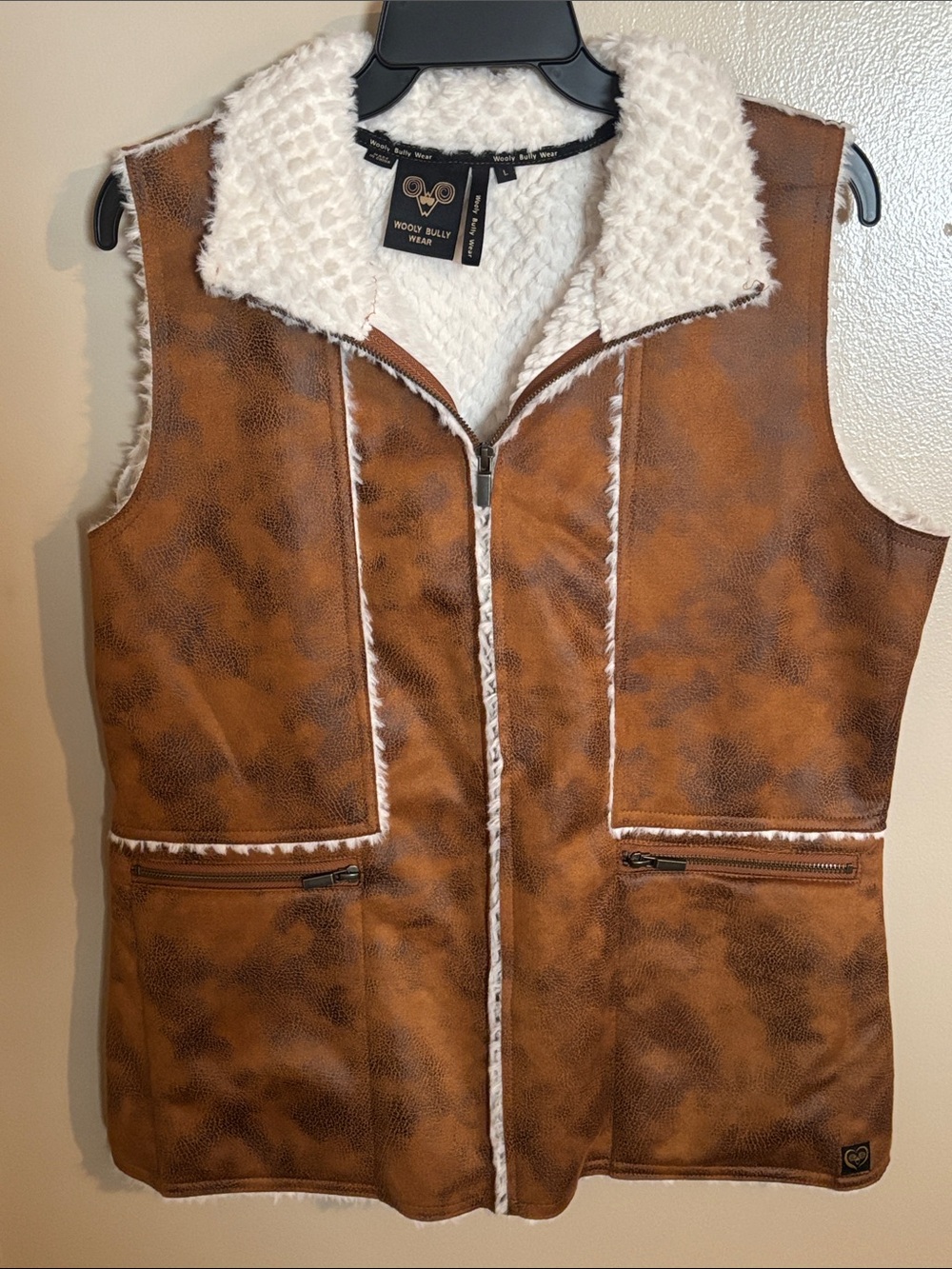 Wooly Bully Wear “Route 66” Sherpa Lined Faux Leather Vest in color Camel - Picture 1 of 12